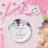 Romantic Floral Paars Silver Personalize Wedding Papieren Bordje (Feest)