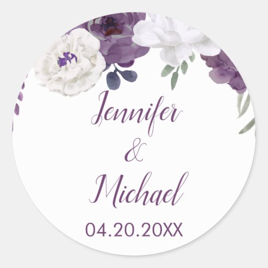 Romantic Floral Paars Silver Personalize Wedding Ronde Sticker (Voorkant)
