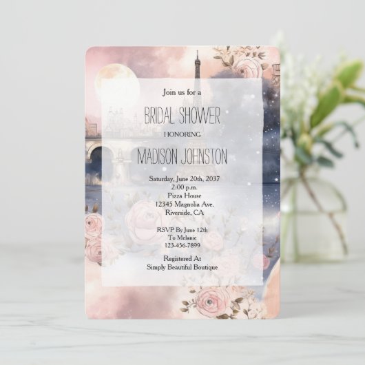 Romantic Floral Paris Eiffel Tower Bridal Shower Kaart (Staand voorkant)