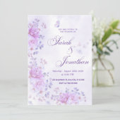 💐Romantic Floral Purple Wedding Invitation Aankondiging (Staand voorkant)