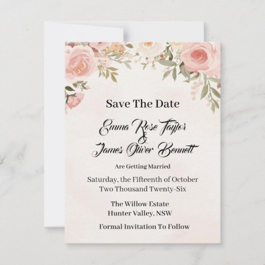 Romantic Floral Save the Date Card (Voorkant)