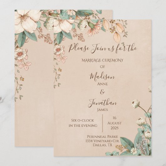 Romantic Floral Script Hand Drawn Wedding Kaart (Voorkant / Achterkant)