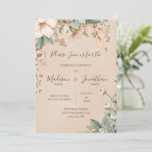 Romantic Floral Script Hand Drawn Wedding Kaart (Staand voorkant)