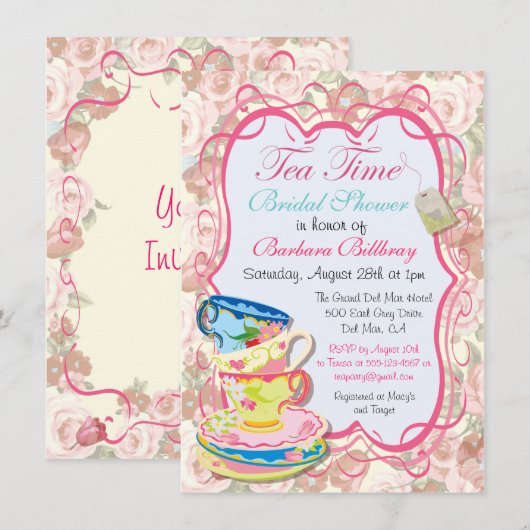 Romantic Floral Tea Party Invitation Kaart (Voorkant / Achterkant)