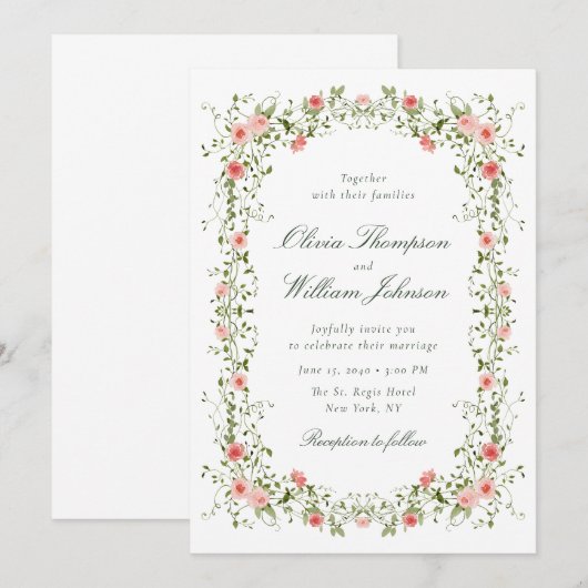 Romantic Floral Vine Frame Wedding Invitation (Devant / Derrière)
