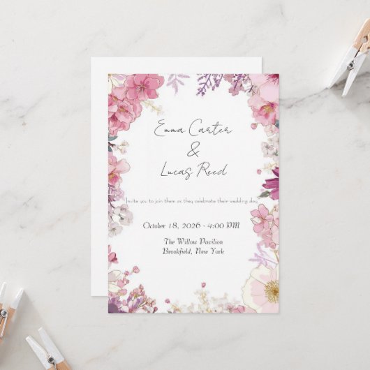 Romantic Floral Wedding Invitation Card (Devant/Arrière en situation)