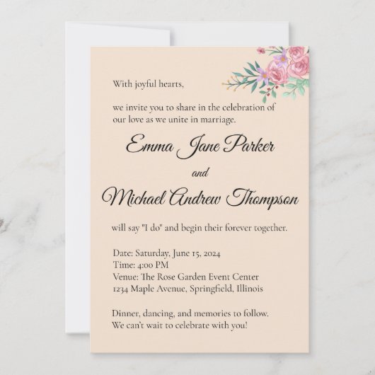 Romantic Floral Wedding Invitation Kaart (Voorkant)
