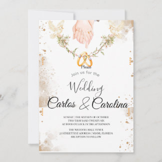 Romantic Floral Wedding Invitation with Gold Rings Kaart