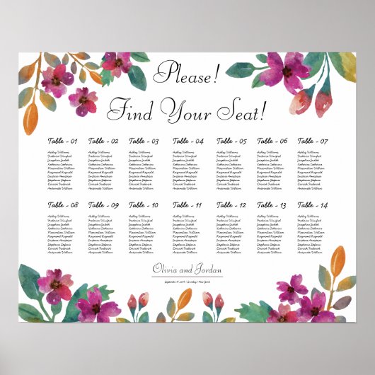 Romantic Floral Wedding Seating Chart Poster (Voorkant)