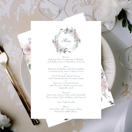 Romantic Floral Wreath Waterverf Monogram Weddensc Menu