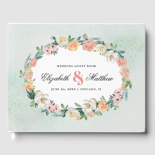 Romantic Floral Wreath Waterverf Wedding Gastenboek (Voorkant)