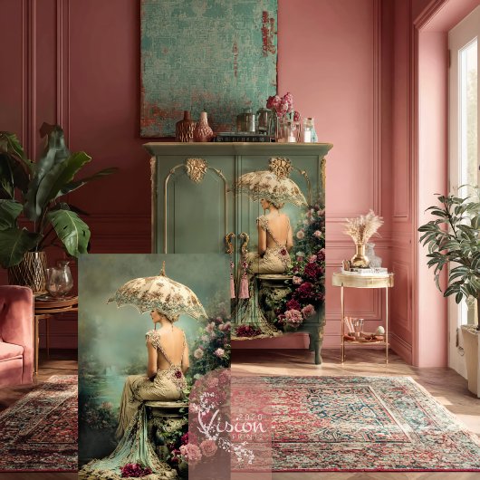 Romantic Florals Sage Green Lady & a Parasol Art Tissuepapier