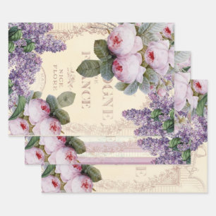 Romantic French Shabby Chic Rozen en Lila Inpakpapier Vel