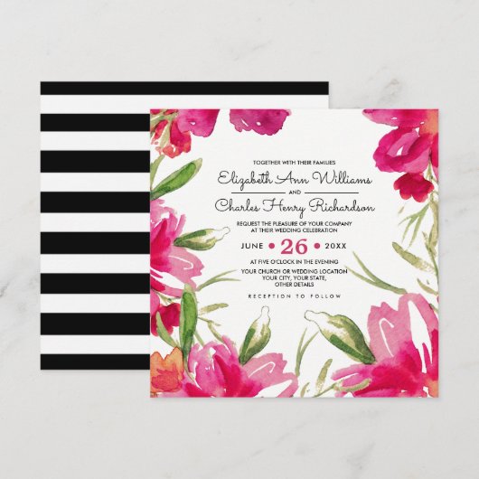 Romantic Fuchsia Floral Black Stripes Wedding Kaart (Voorkant / Achterkant)