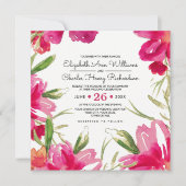 Romantic Fuchsia Floral Black Stripes Wedding Kaart (Voorkant)