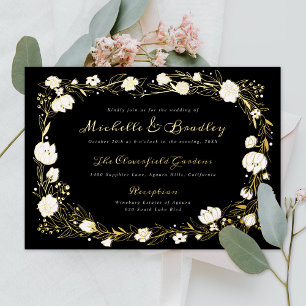 Romantic Garden Black and Gold Wedding Folie Uitnodiging
