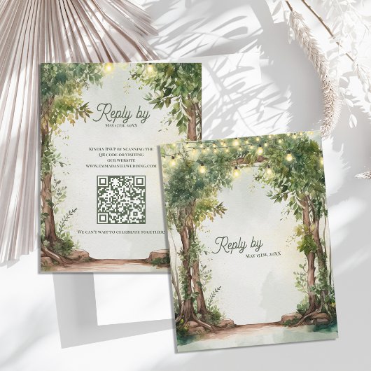 Romantic Garden String Lights QR Code Wedding  RSVP Kaartje