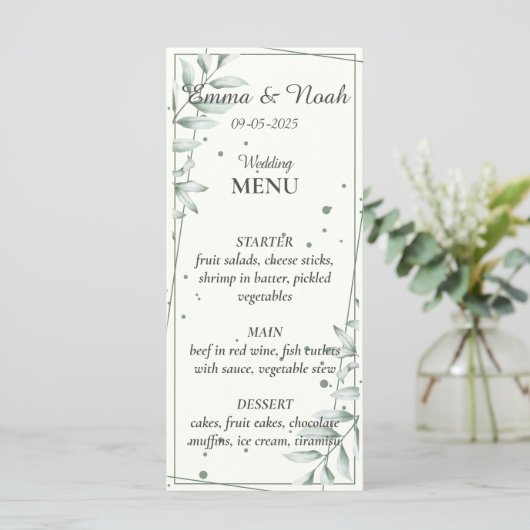 Romantic Gentle Vert Feuille Dîner Mariage Menu (Debout devant)