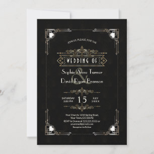 Romantic Gold Black Great Gatsby Art Deco Wedding Kaart