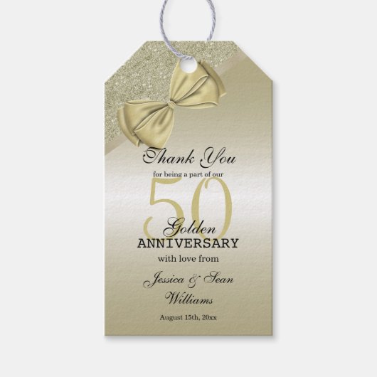 Romantic Gold Bow & Glitter 50th Wedding Cadeaulabel (Voorkant)