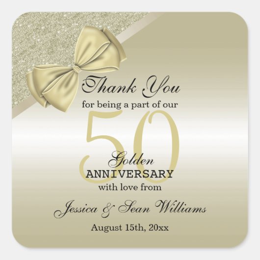 Romantic Gold Bow & Glitter 50th Wedding Vierkante Sticker (Voorkant)