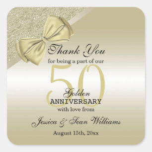 Romantic Gold Bow & Glitter 50th Wedding Vierkante Sticker