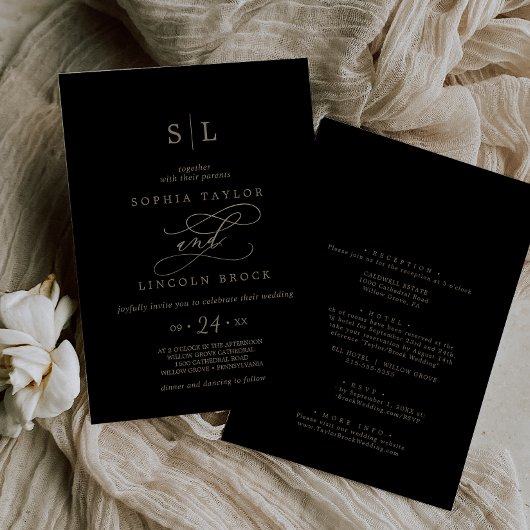 Romantic Gold Calligraphy Black in one Wedding Kaart