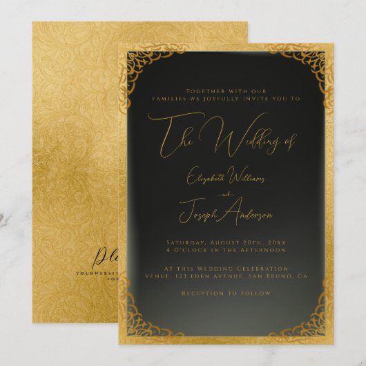 Romantic Gold Calligraphy & Gold Foil Wedding Kaart (Voorkant / Achterkant)