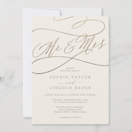 Romantic Gold Calligraphy | Ivory de heer & Mrs We Kaart (Voorkant)