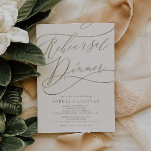 Romantic Gold Calligraphy   Ivory Rehearsal Dinner Kaart