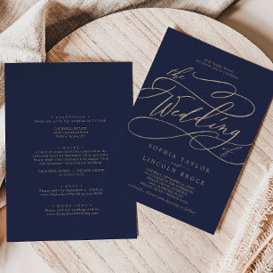 Romantic Gold Calligraphy Navy all in one Wedding Kaart