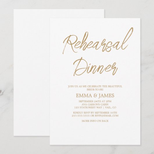 Romantic Gold Calligraphy Rehearsal Dinner Kaart (Voorkant / Achterkant)