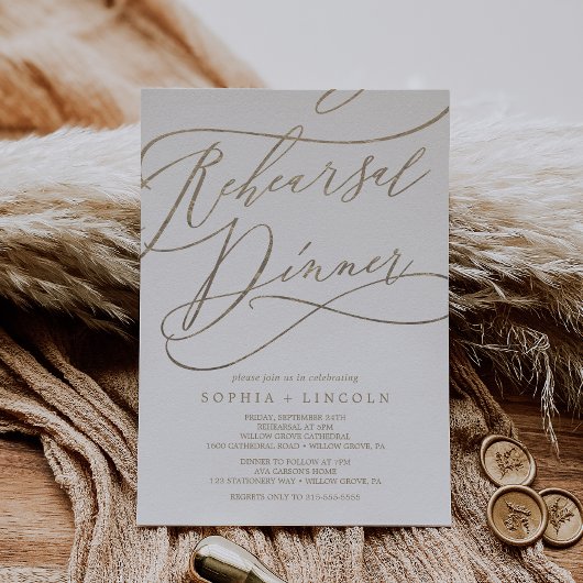 Romantic Gold Calligraphy Rehearsal Dinner Kaart