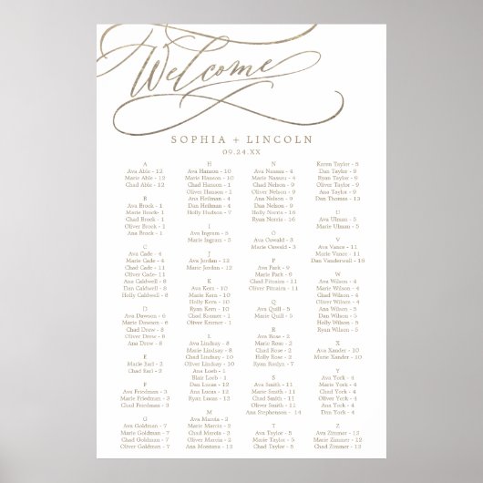 Romantic Gold Calligraphy Seating Chart Poster (Voorkant)