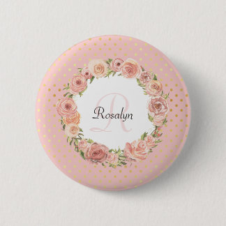 Romantic Gold Dotted Roos Floral Monogramal Name Ronde Button 5,7 Cm