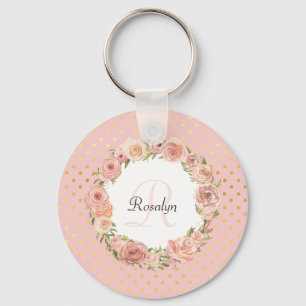 Romantic Gold Dotted Roos Floral Monogramal Name Sleutelhanger