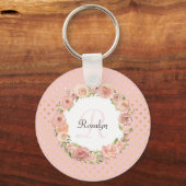 Romantic Gold Dotted Roos Floral Monogramal Name Sleutelhanger (Voorkant)