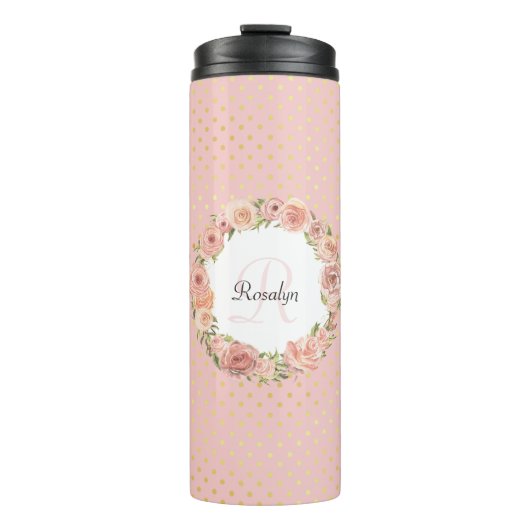 Romantic Gold Dotted Roos Floral Monogramal Name Thermosbeker (Voorkant)