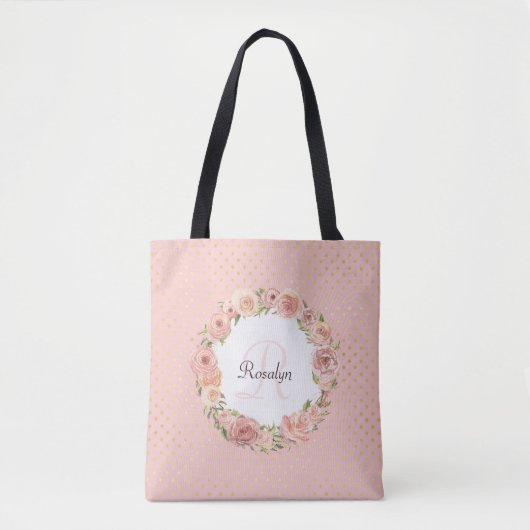 Romantic Gold Dotted Roos Floral Monogramal Name Tote Bag (Voorkant)
