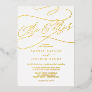 Romantic Gold Foil Calligrafie Mr & Mrs Wedding Folie Uitnodiging