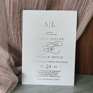 Romantic Gold Foil Calligraphy Monogram Weddenscha Folie Uitnodiging