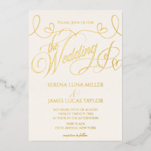 Romantic Gold Foil Flourish Calligraphy Wedding Folie Uitnodiging