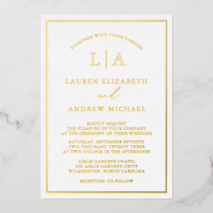Romantic Gold Foil Monogram Border Weddenschap Folie Uitnodiging