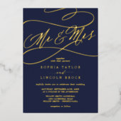 Romantic Gold Foil | Navy Blue Mr. & Mrs Wedding Folie Uitnodiging (Voorkant)
