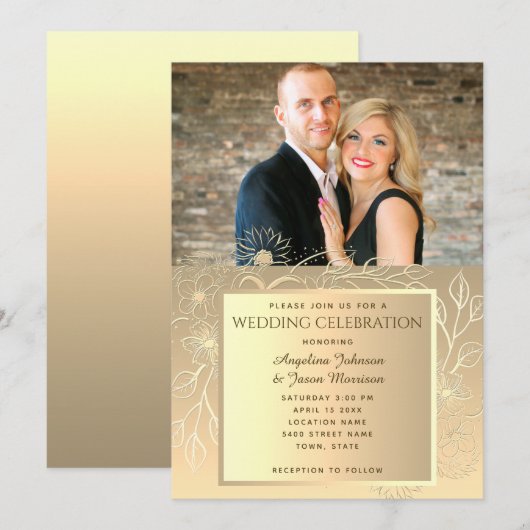 Romantic Gold Foil Photo Wedding Kaart (Voorkant / Achterkant)