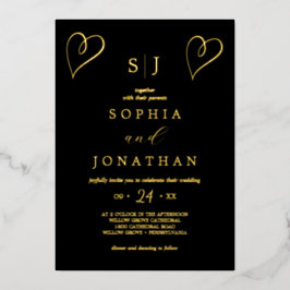 Romantic Gold Foil | Zwart monogram huwelijk Folie Uitnodiging