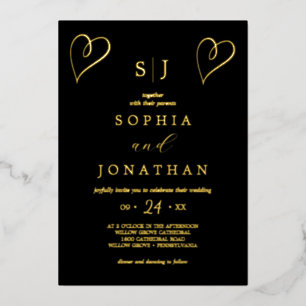 Romantic Gold Foil   Zwart monogram huwelijk Folie Uitnodiging