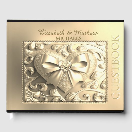 Romantic Gold Heart Satin Bow Gastenboek (Voorkant)