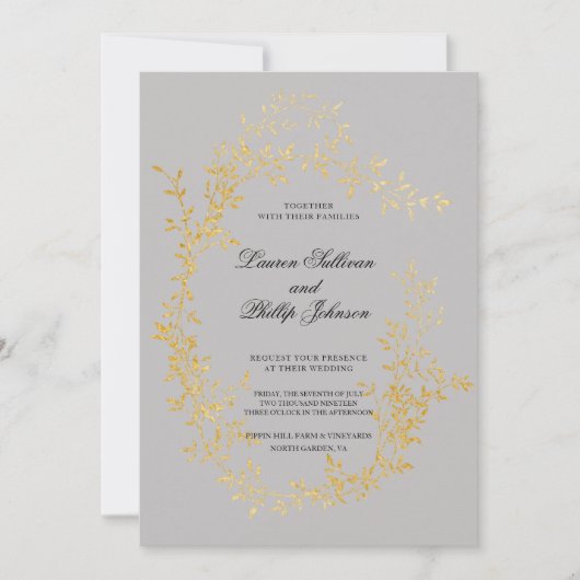 Romantic Gold Wreath Floral Wedding Invitations Kaart (Voorkant)