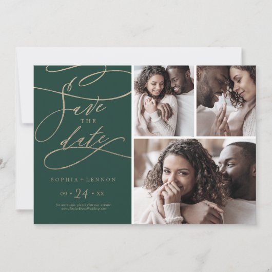 Romantic Green Calligraphy 3 Photo Collage Save The Date (Voorkant)
